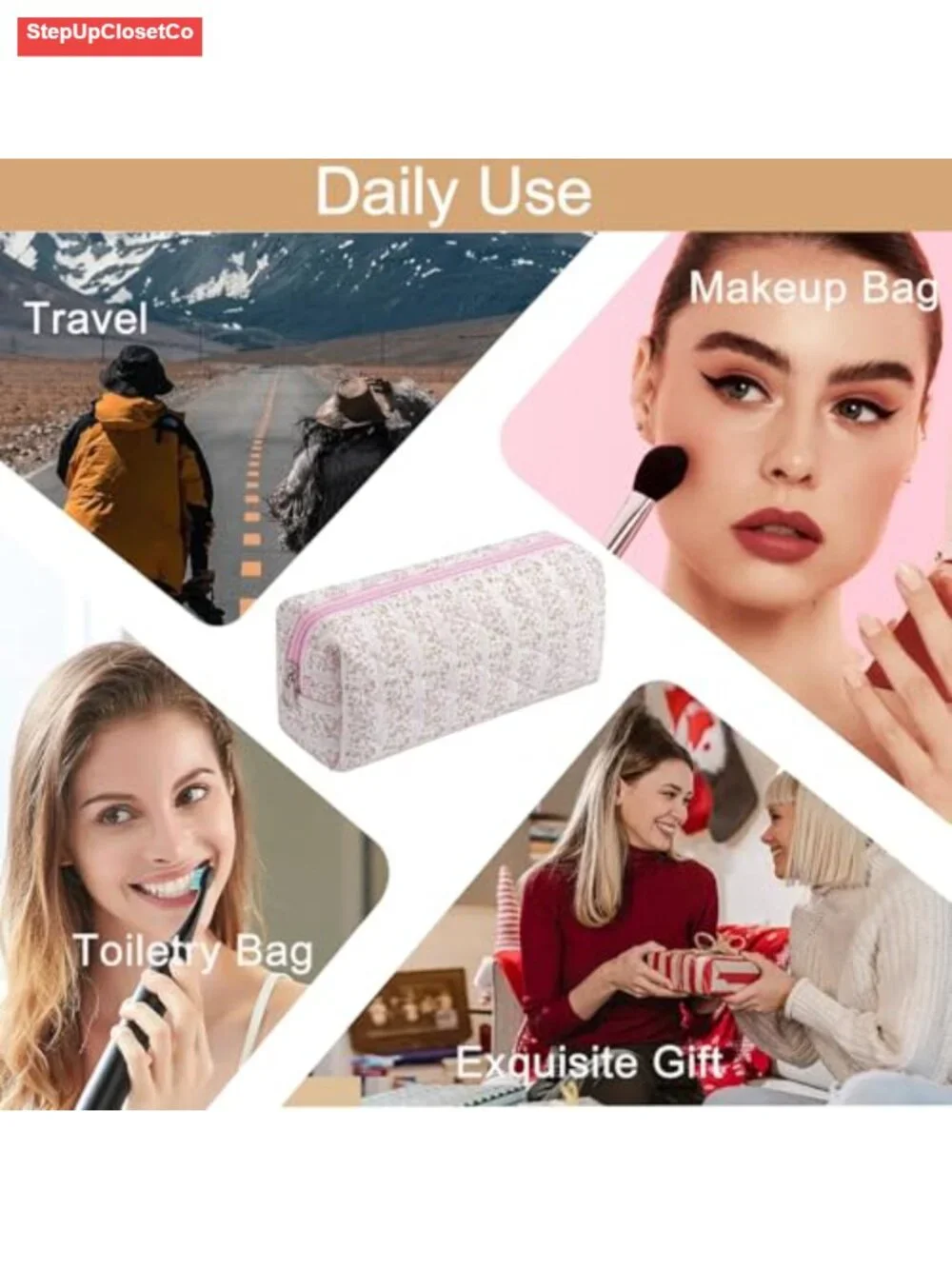 Quilted Cotton Makeup Bag, Floral Cosmetic Toiletry Organizer, Travel Pouch